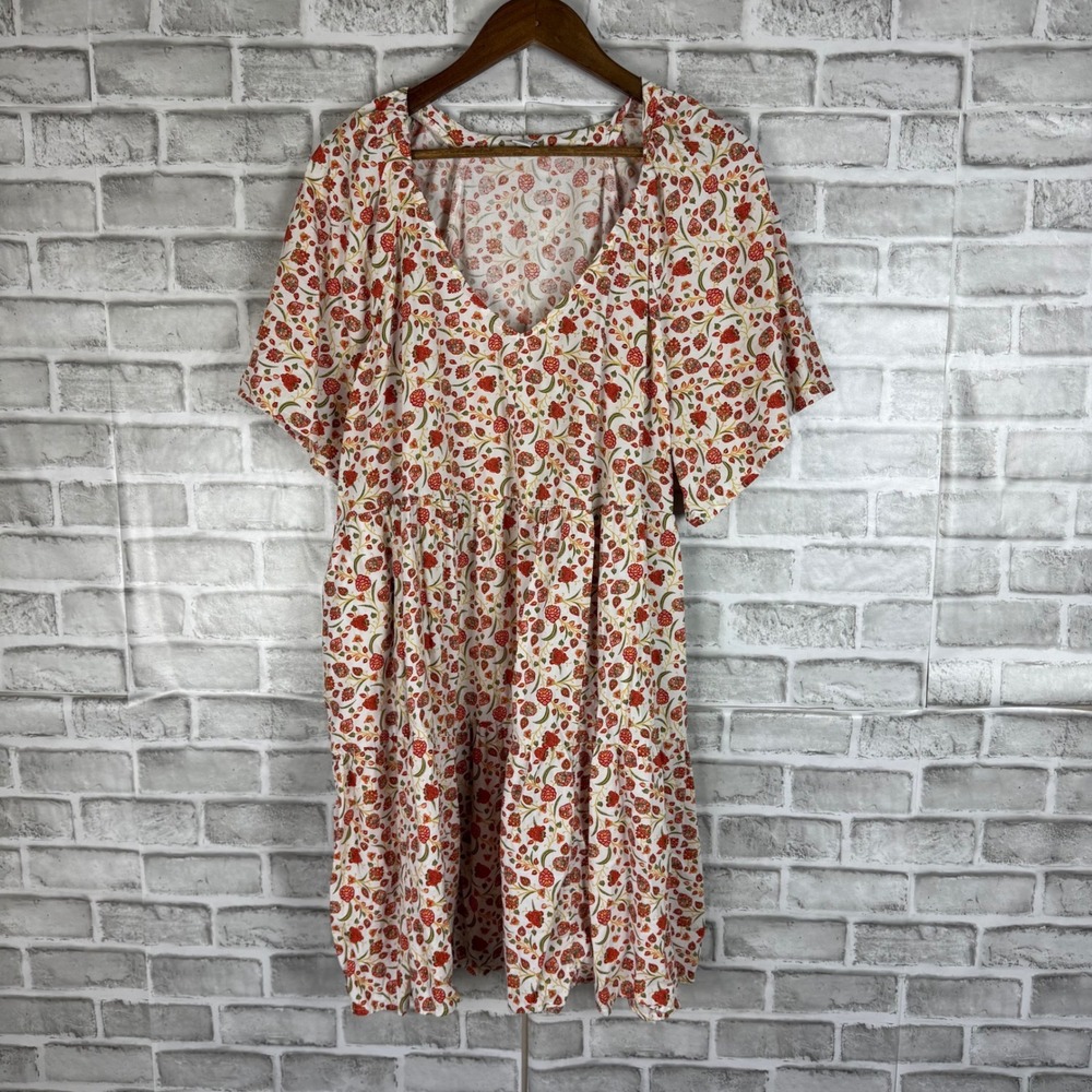 Old Navy Womens 2X Floral Babydoll Dress V-Neck Short Sleeve Orange Red Mini